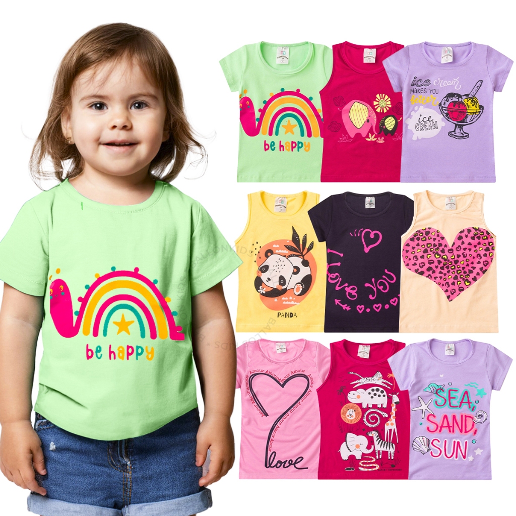 Kit 5 Camisetas Verão Infantil Menina Sortido Veste do 1 ao 14 em Oferta na Shopee