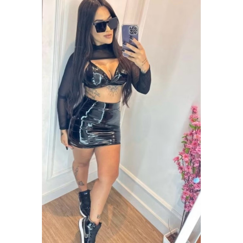 Conjunto Vinil 3 Peças Saia + Cropped + Bolero Moda Balada Tendência em Oferta na Shopee