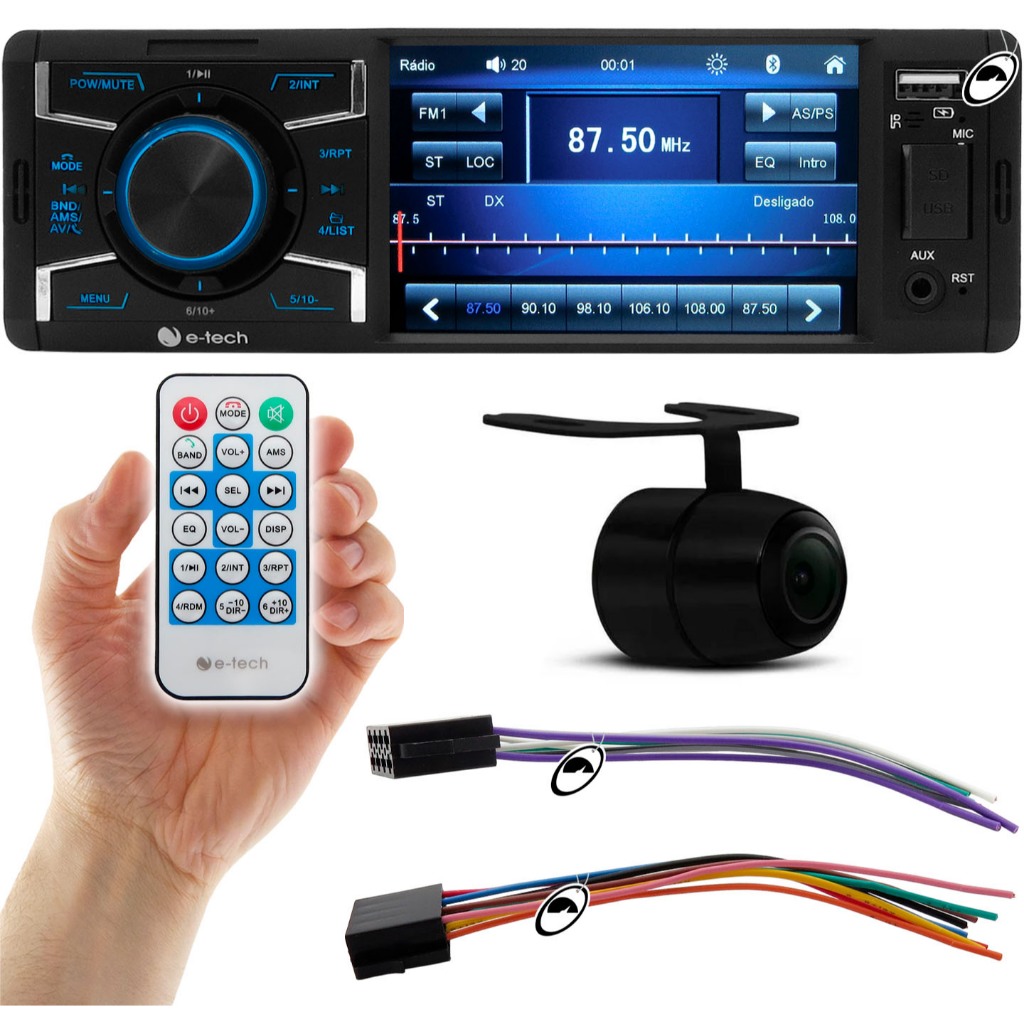 Multimídia MP5 1 Din E-Tech 4 Polegadas Bluetooth USB + Câmera de Ré
