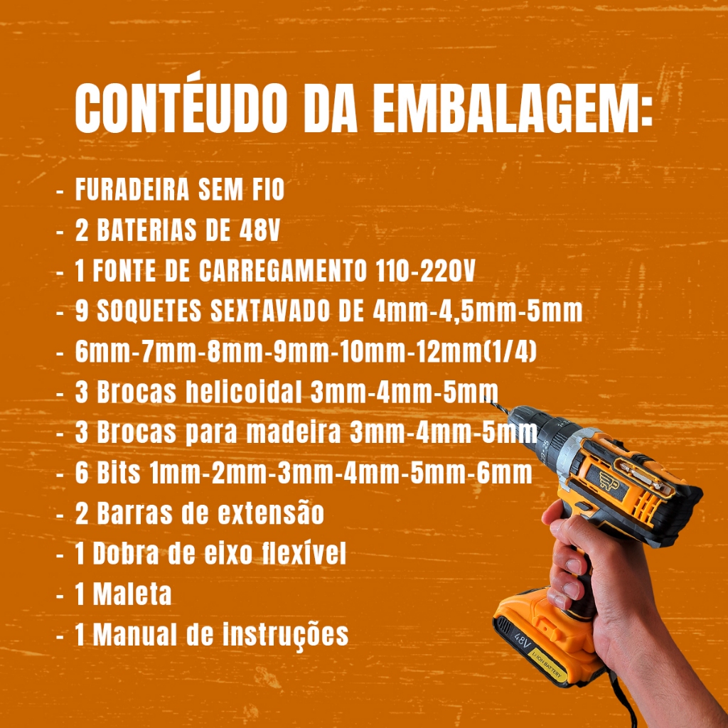 Furadeira Parafusadeira 48V Elétrica 2 Baterias 10mm Sem Fio Portátil Profissional Impacto Potente — foto 6