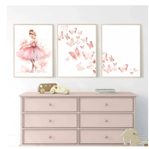 Quadros decorativos Pink Ballerina Girl Unicorn Butterfly Poster, Kids (3 peças)OBS.:ACOMPANHA MOLDURA!!!