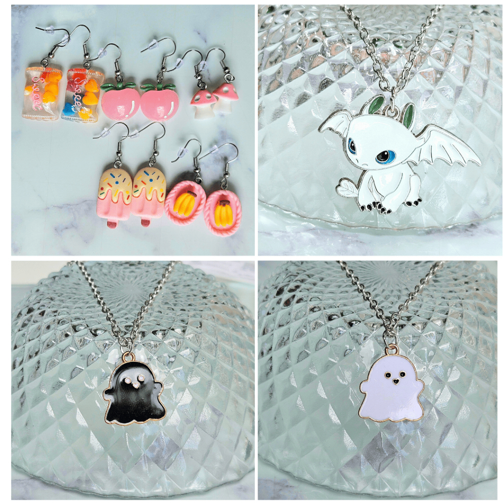 kit 5 brincos frutas e sorvete, colar fantasma branco, colar fantasma preto, Colar furia da luz, Colar tartaruga.