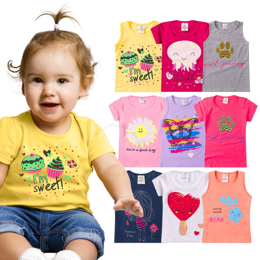 Kit 4 Camisetas  Infantil Menina Verão 4 Peças Sortido Veste do 1 ao 14 em Oferta na Shopee
