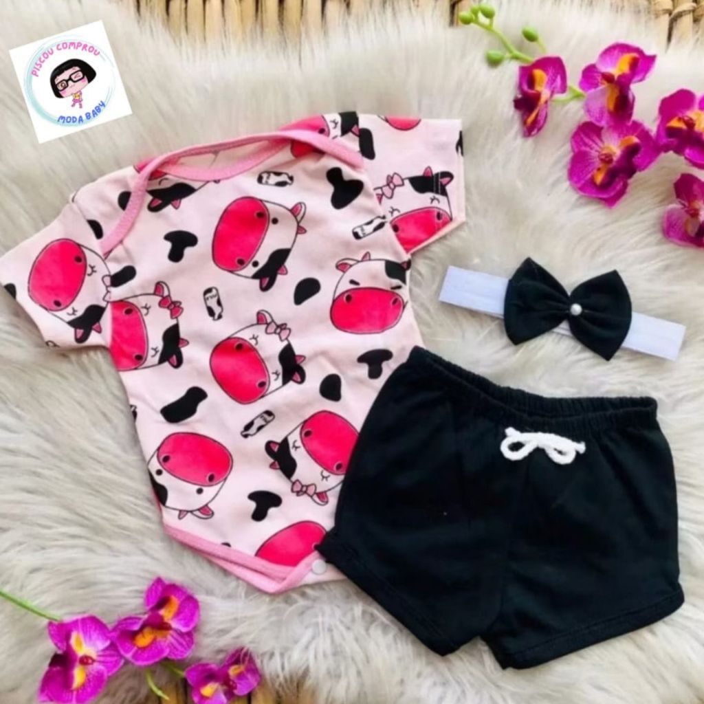 Body + shorts + faixinha animal print estampado conjunto bebe 2 A 4 meses