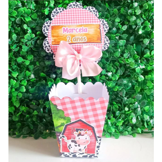 Kit Centro de mesa Cachepot personalizado  Fazendinha Rosa Menina  Festa-Lembrancinhas-Aniversario
