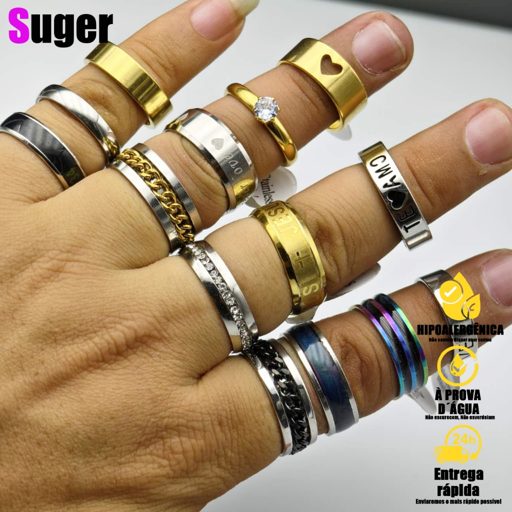 Conjunto de 5 anéis para Masclino e mulheres, anéis mistos de aço inoxidável 16-21 em Oferta na Shopee