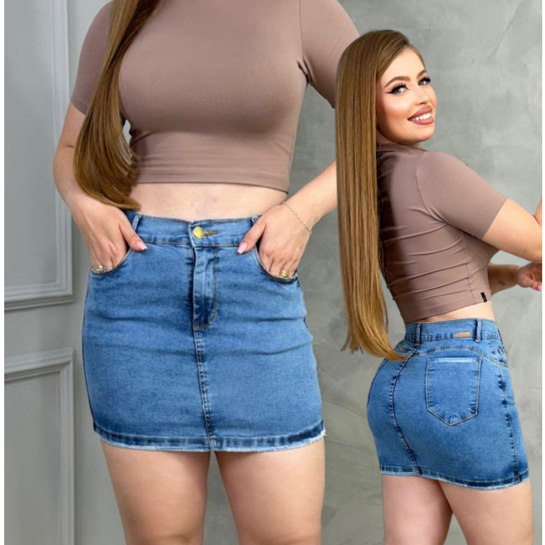 Saia Jeans Feminina com Elastano Cós Alto Barra Modelagem Empina Bumbum Premium em Oferta na Shopee