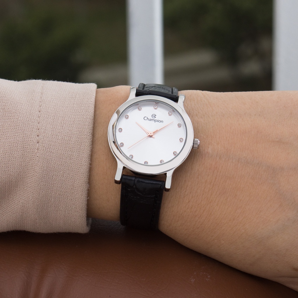 Relogio Feminino Pequeno Mini Pulseira de Couro Prata Champion Original — imagem 2 de 2