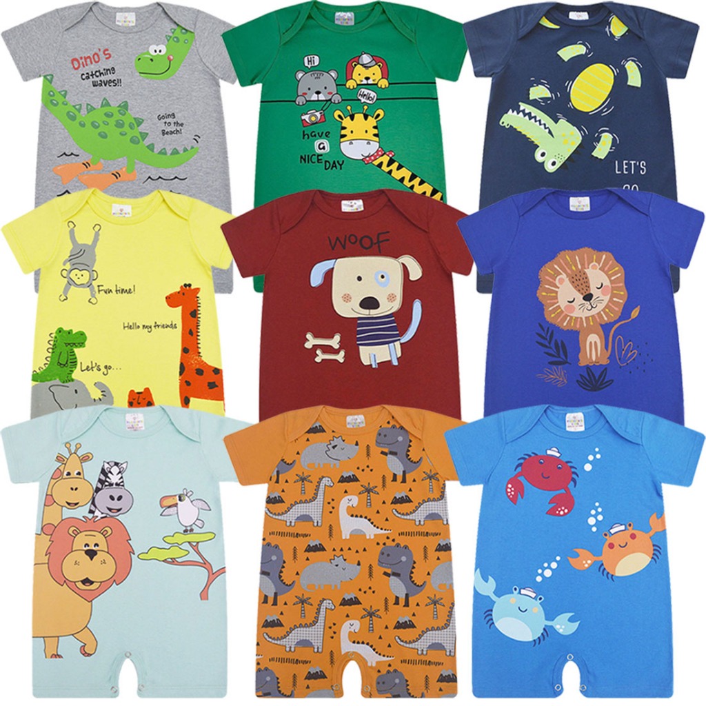Kit 4 Peças Macacão Curto, Romper Bebê, Banho de Sol Verão, Cores sortidas