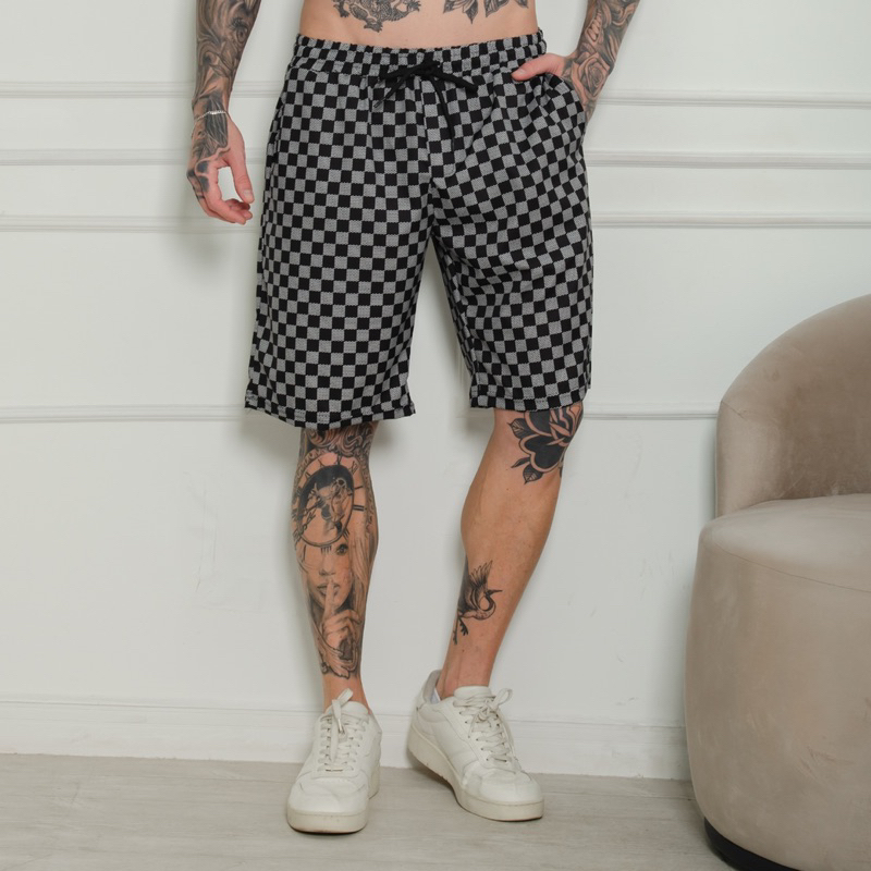 bermuda masculina quadrado/listrado com Elastano e elástico novo tendência moda 2024