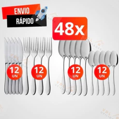 Conjunto Jogo de Talheres 48 peças Aço Inox Facas Garfos Colheres de Mesa e Colheres de Sobremesa Casa