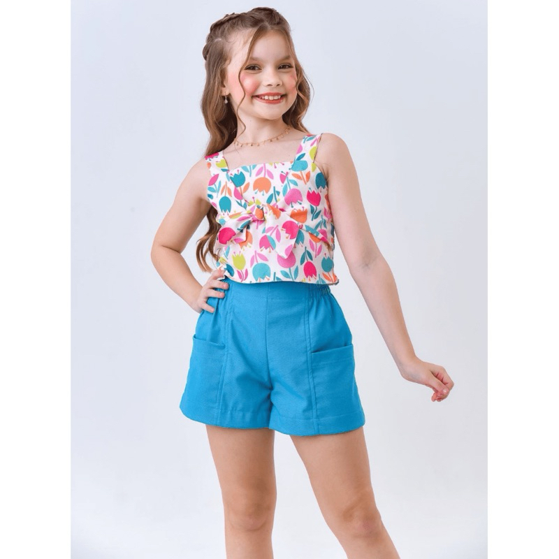 Conjunto infantil menina luxo short em linho forrado azul blusa floral - envio imediato