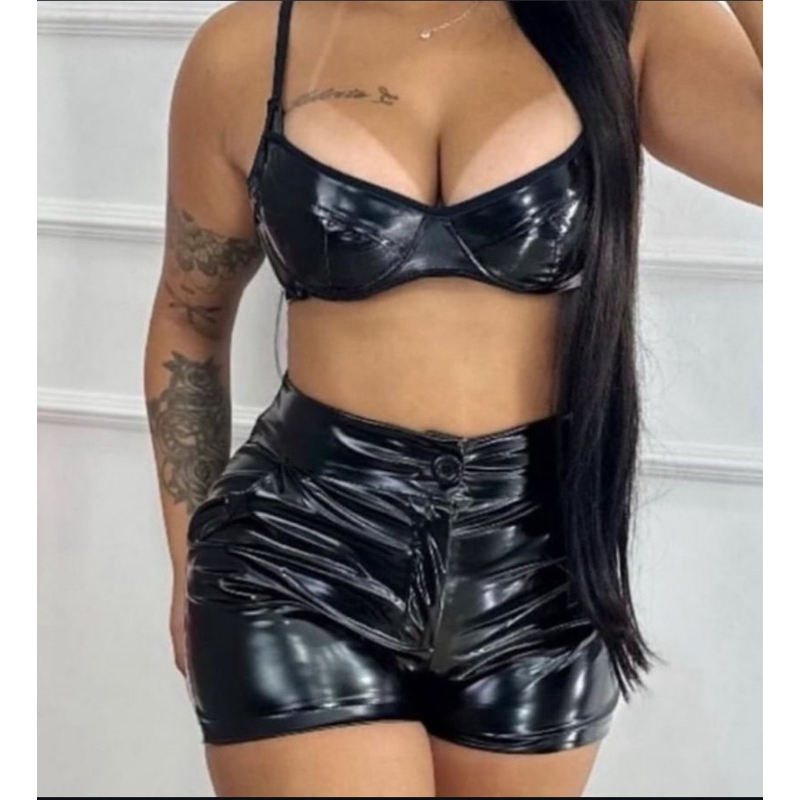 Conjunto 2 peças Top e Short de Vinil Cropped Vinil Look Balada Festa Tendência
