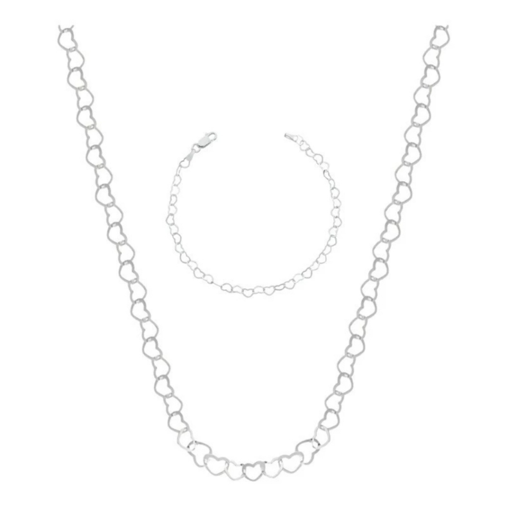 Kit Colar Choker e Pulseira Elo Coração Feminino Prata 925 Presente Fino