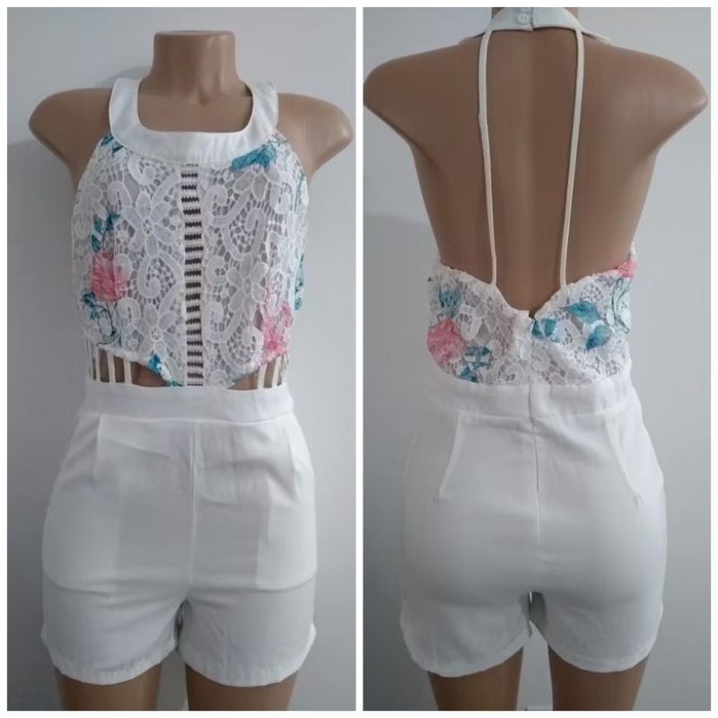Macacão Macaquinho Feminino Branco com Renda De Alcinha e Costas Nuas  Botões Fecho Bolsos Forrado