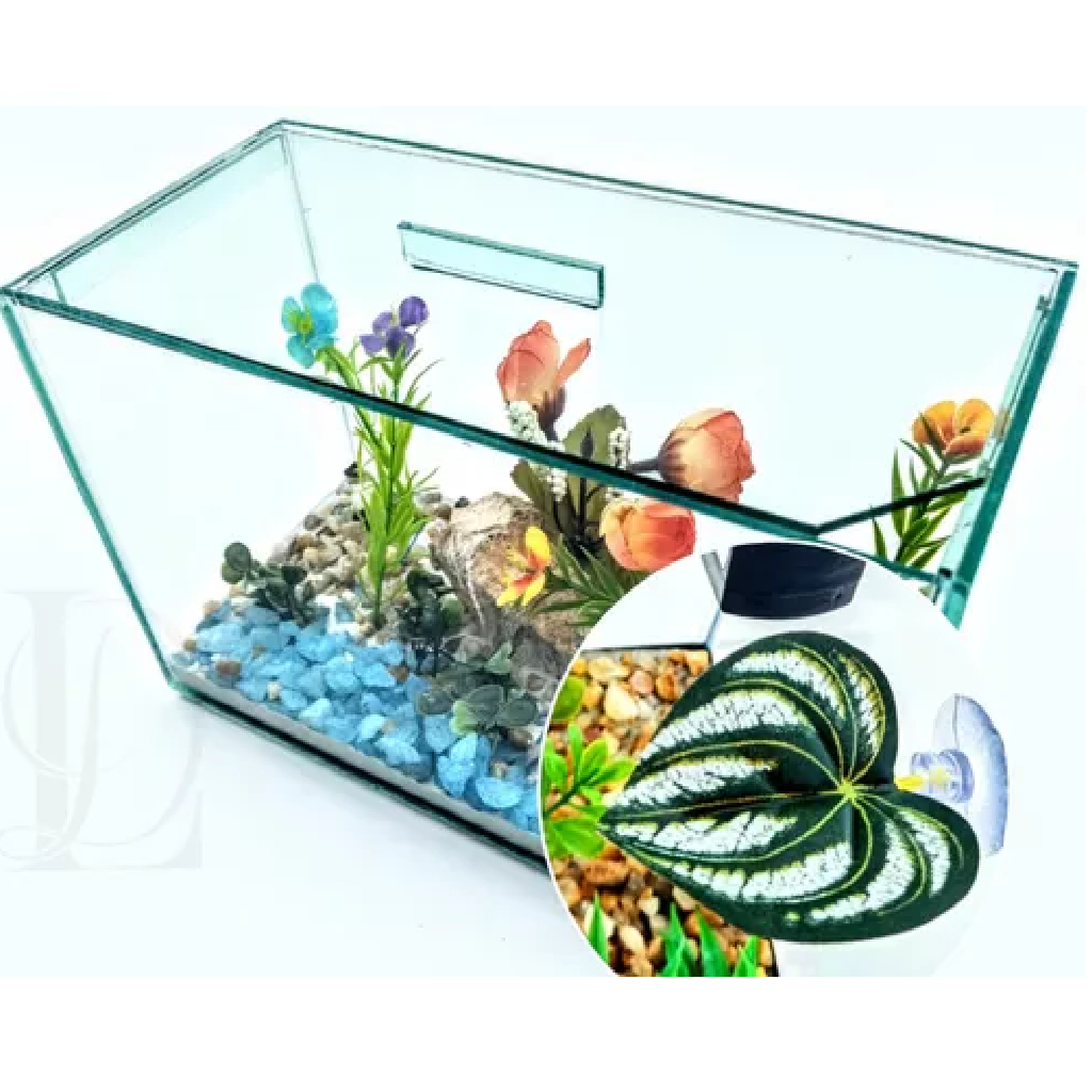Aquário + Folha cama descanso peixes betas beteira retangular 25x12x15cm decorado plantas artificial promoção