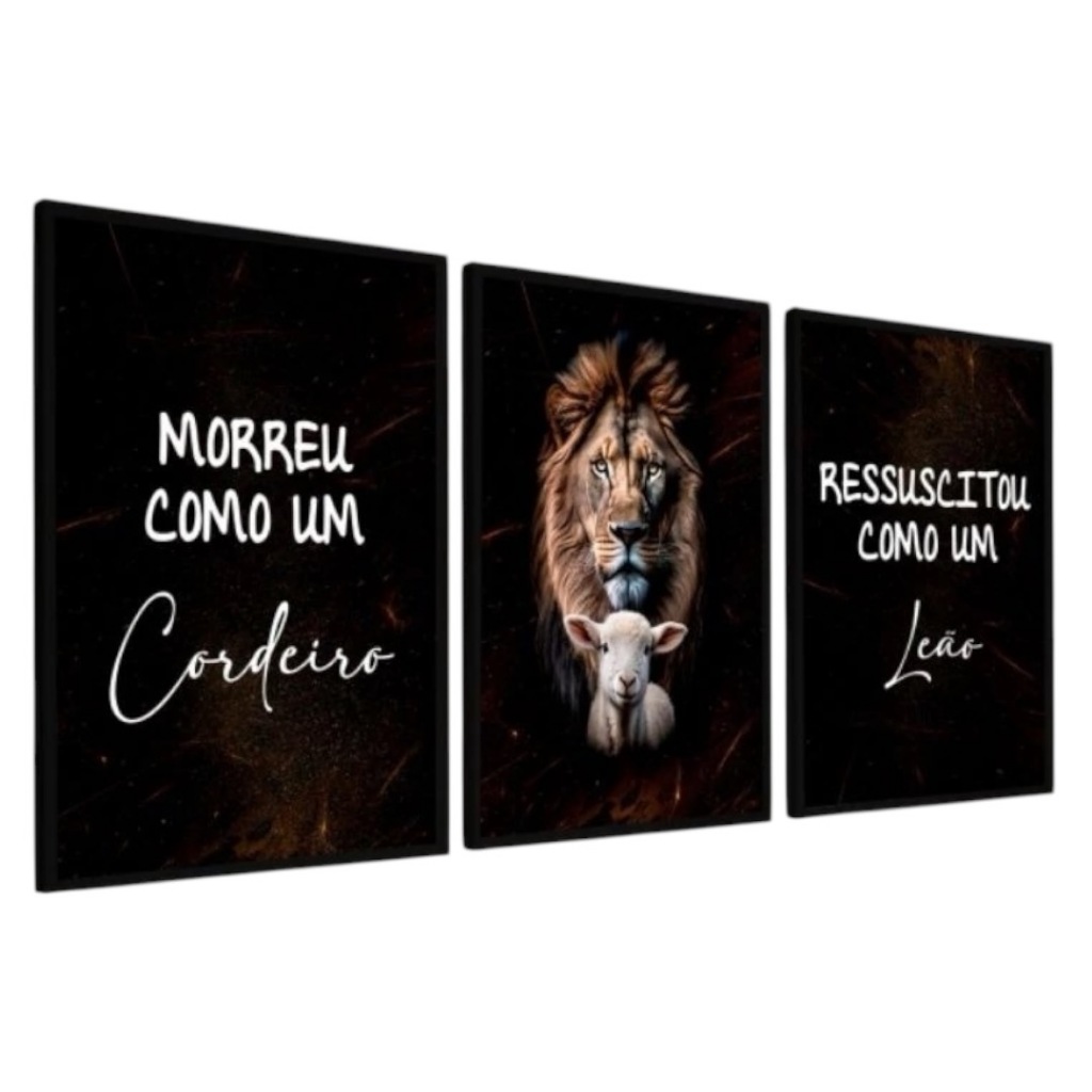 Quadros decorativos 3 Pecas Leao Com Cristo Cordeiro Frases Morreu Como Cordeiro Ressuscitou Como Leao