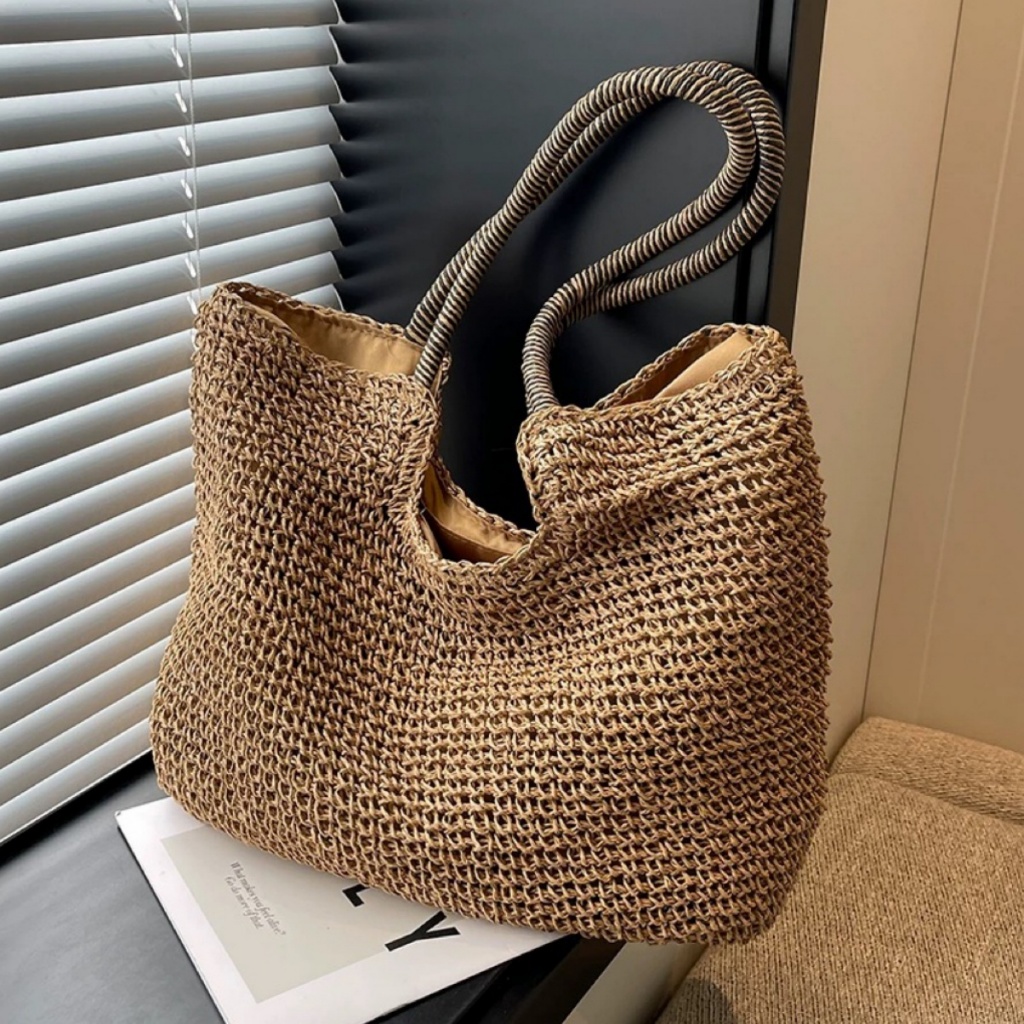 Juzia Bolsas Bolsa tote praia palha feminina grande alça de ombro listrado trançado reforçado com zíper