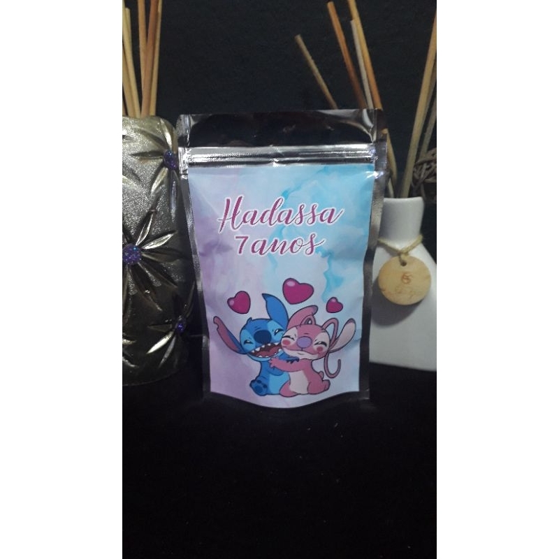 SAQUINHO METALIZADOS STITCH E ANGEL PERSONALIZADA LEMBRANÇINHAS