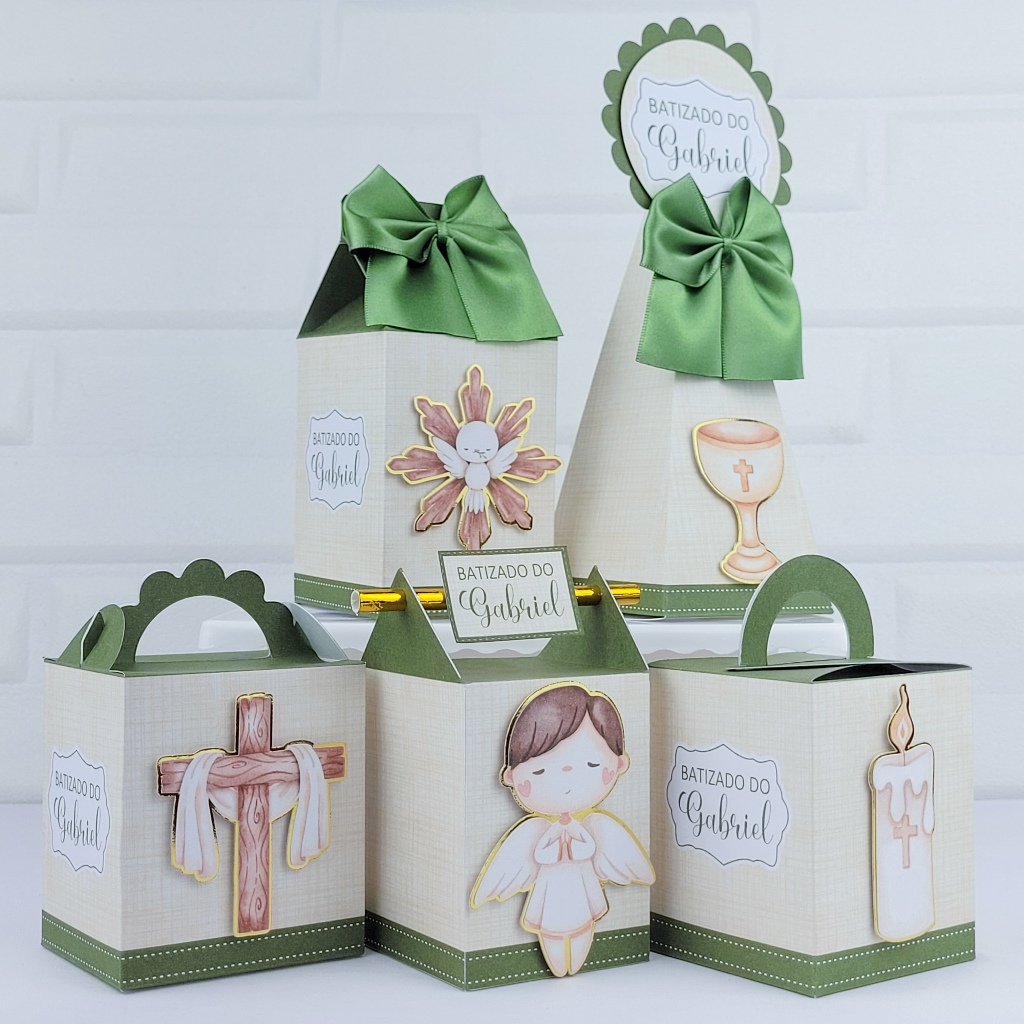 Kit Festa Personalizados - Batizado Verde Olivaa - Lembrancinhas para Batizado  - Caixinhas Personalizadas
