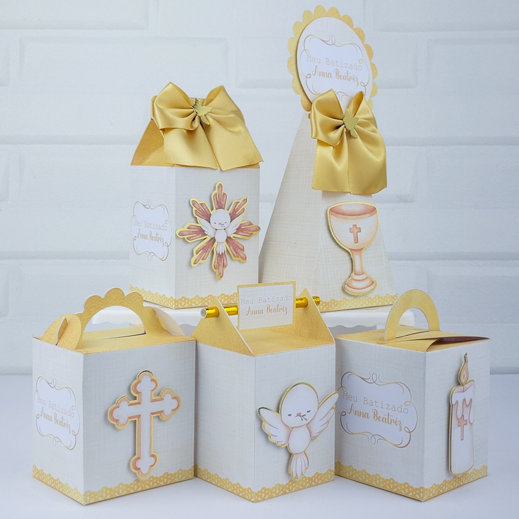 Kit Festa Personalizados - Batizado Dourado - Lembrancinhas de Batizado - Caixinhas Personalizadas