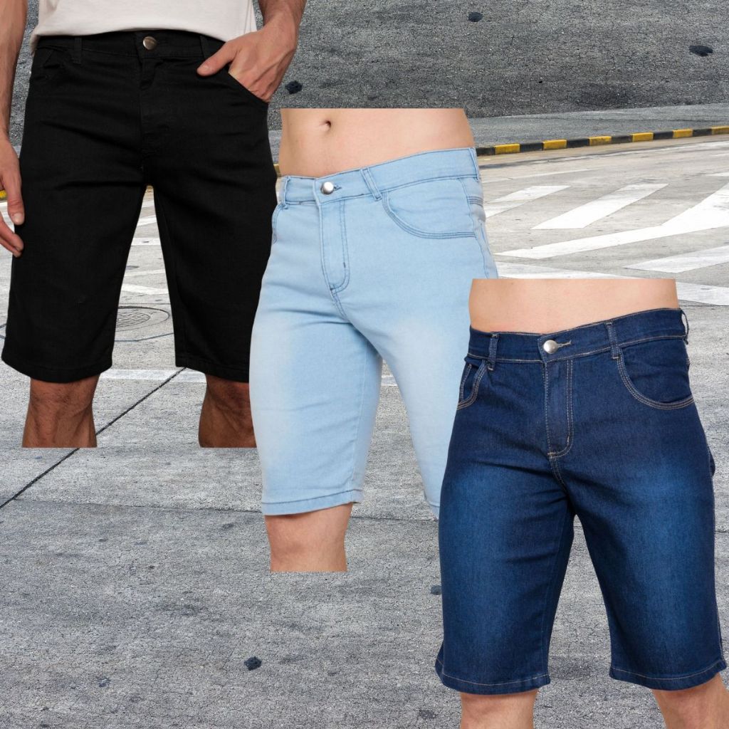 Kit 3 Bermuda Jeans Shorts Cor Preto Claro Escuro Medio Masculinos Alta Qualidade Com Elastano Sport Loja de Fábrica