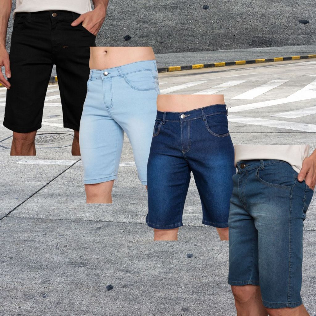 Kit 4 Bermuda Jeans Shorts Cor Preto Escuro Medio Claro Masculinos Alta Qualidade Com Elastano Sport Loja de Fábrica