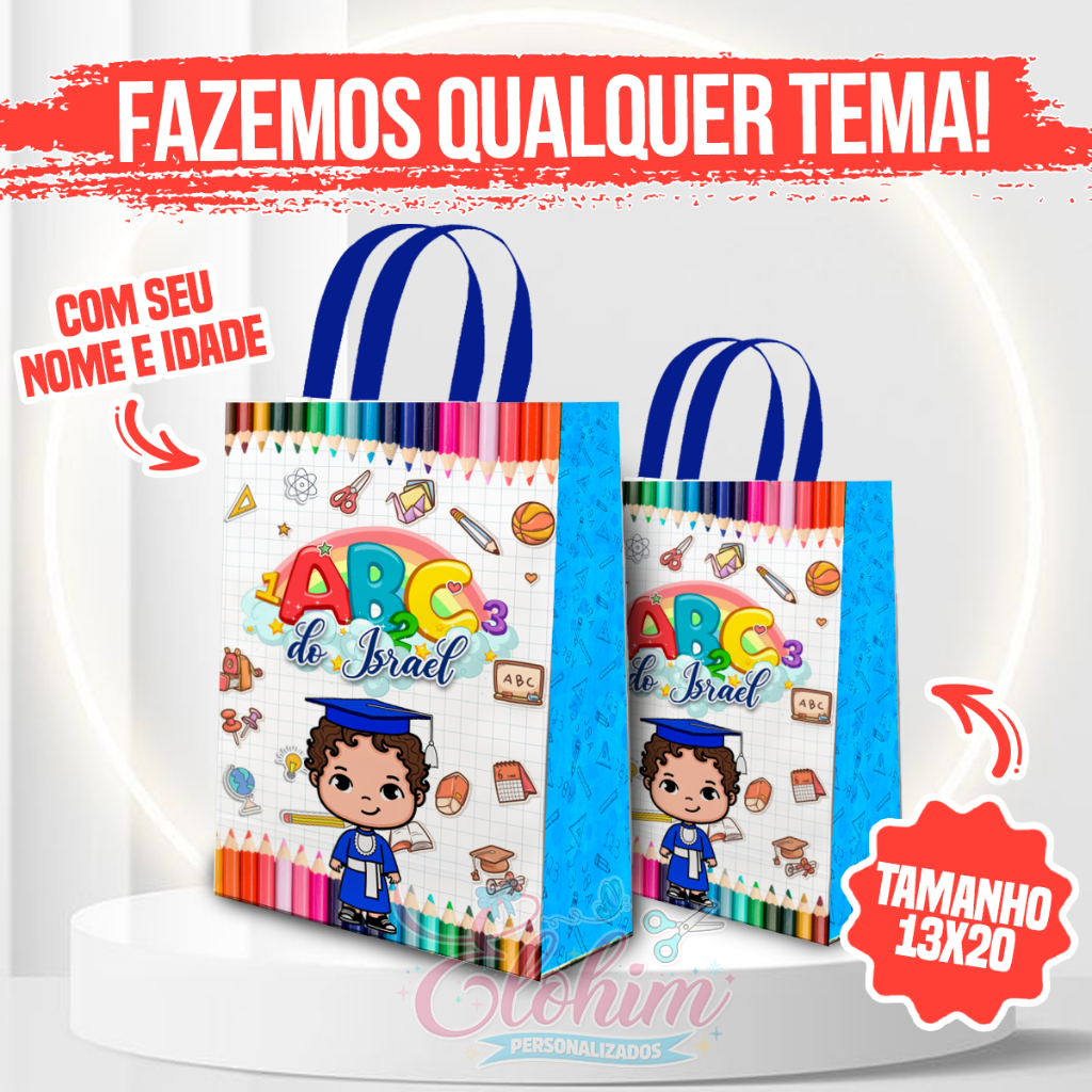 Sacolinha personalizada de papel para festa PEGUE E MONTE (TODOS OS TEMA) - Formatura ABC