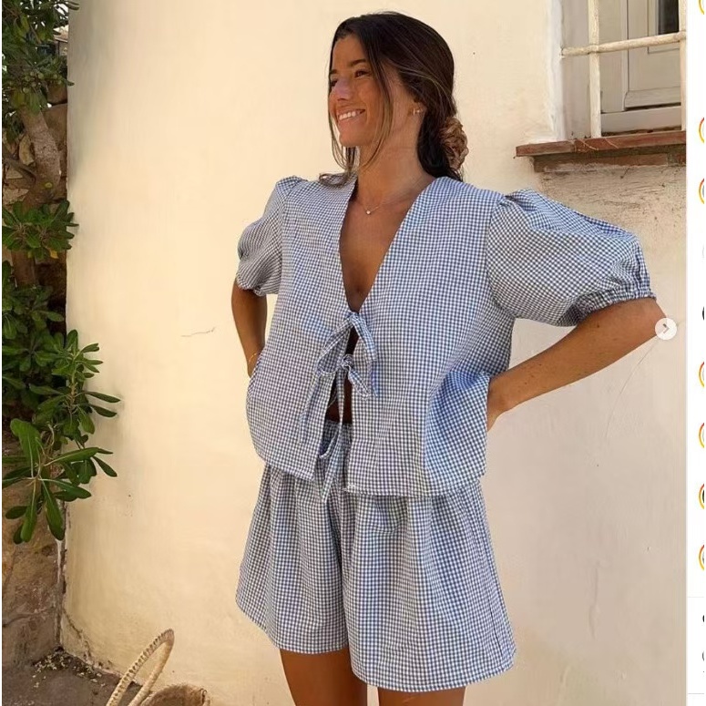 Conjunto feminino listrado de shorts casuais Com Nó De Gravata Frente