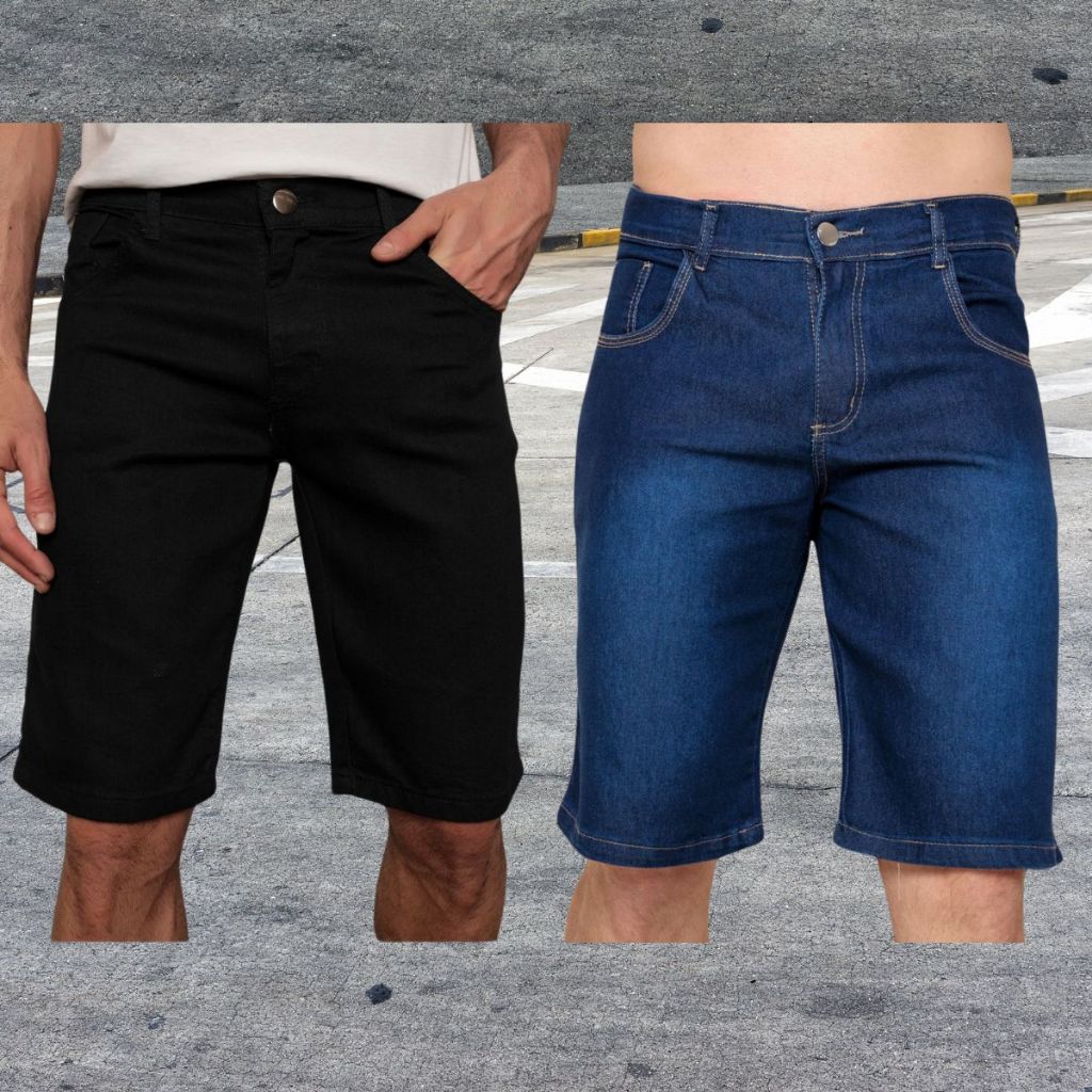 Kit 2 Bermuda Jeans Shorts Cor Preto Escuro Medio Claro Masculinos Alta Qualidade Com Elastano Sport Loja de Fábrica
