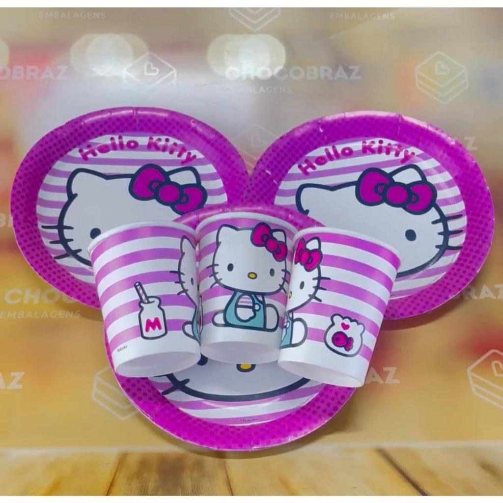 Kit Festa HELLO KITTY ROSA 16 Pratos + 16 Copos Descartável 200 Ml Papel - FESTCOLOR - Home & Living