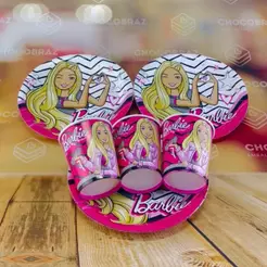 Kit Festa BARBIE 16 Pratos + 16 Copos Descartável 200 Ml Papel - FESTCOLOR (CHOCO)