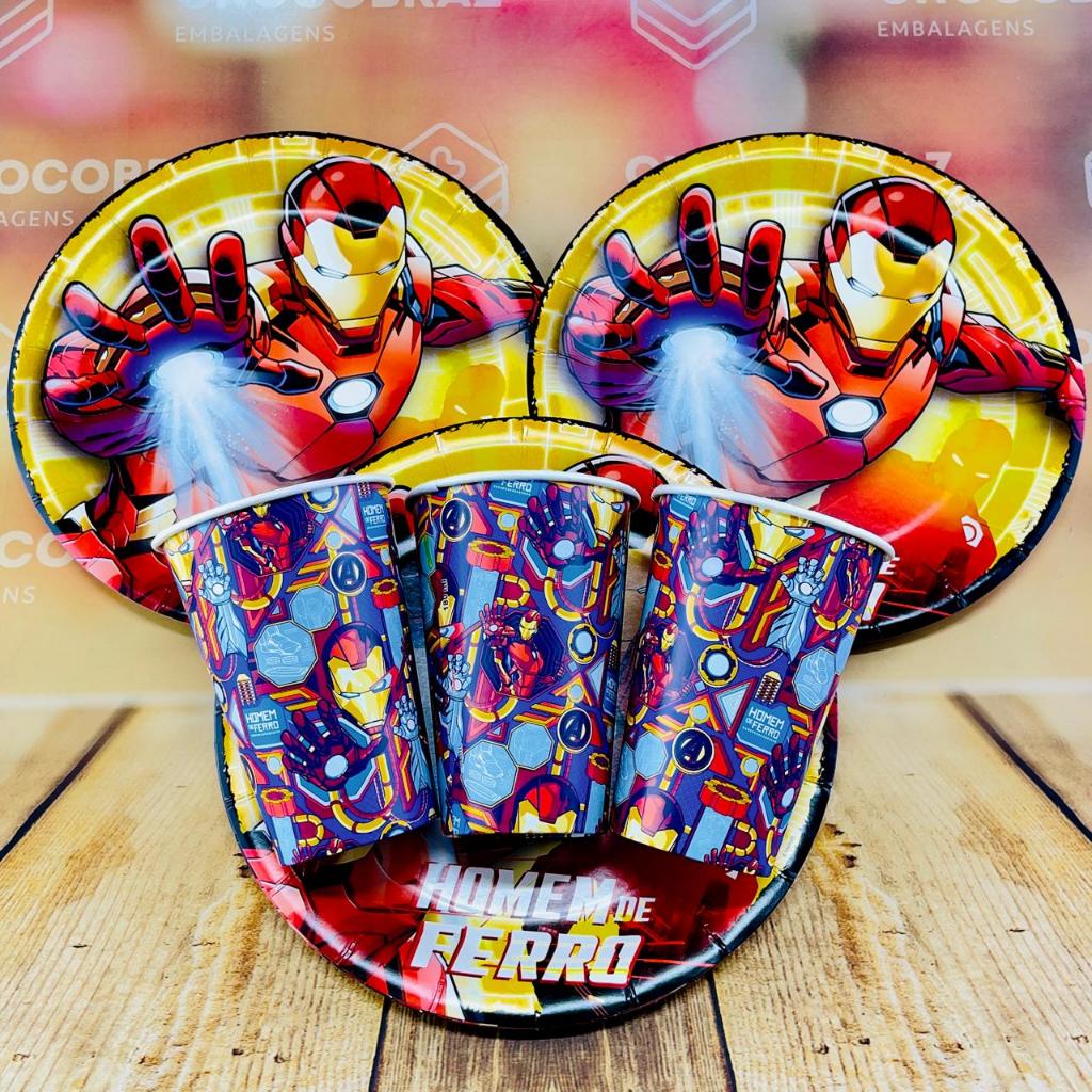 Kit Festa HOMEM DE FERRO  8 Pratos + 8 Copos Descartável 180 Ml Papel - REGINA em Oferta na Shopee