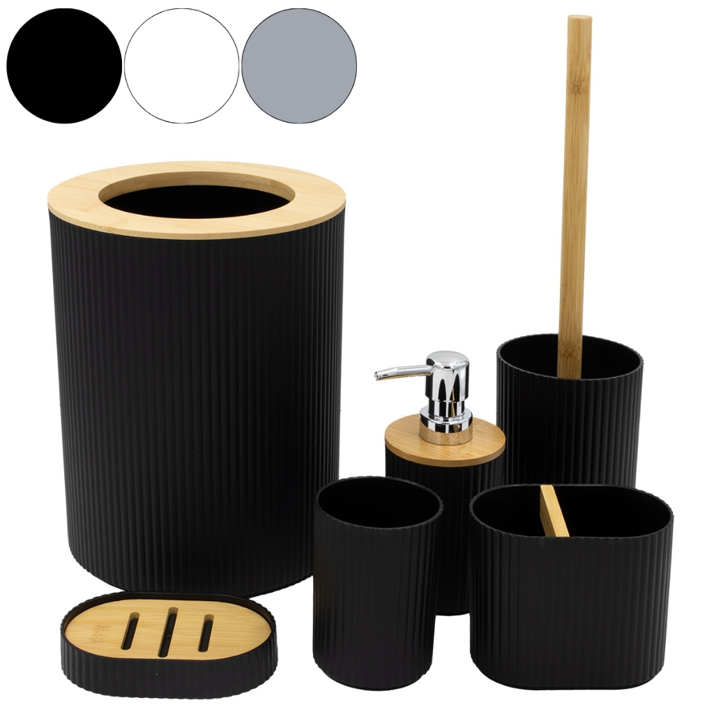 Kit Banheiro Bambu Conjunto Madeira Completo 6 Peças 111 Com Lixeira Porta Escovas Escova Sanitaria Dispenser de Sabonet