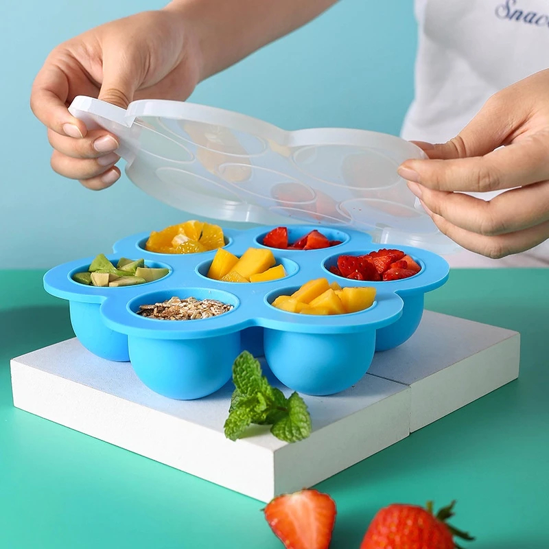 Porta Pote Papinha Recipiente Fundo De Silicone Com 7 Divisórias e tampa para introdução alimentar