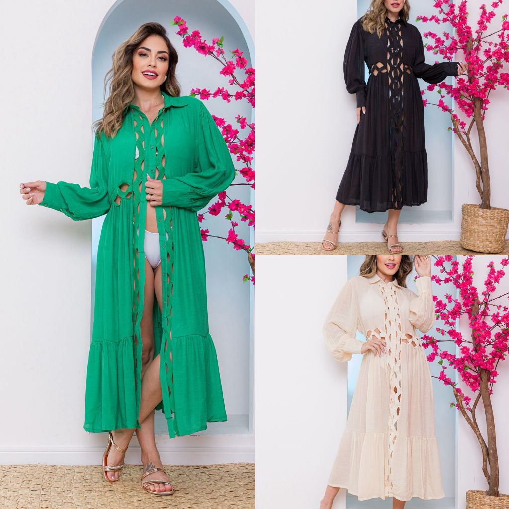 Saida De Praia Kimono Longa Manga Comprira Moda Verao 9941 em Oferta na Shopee