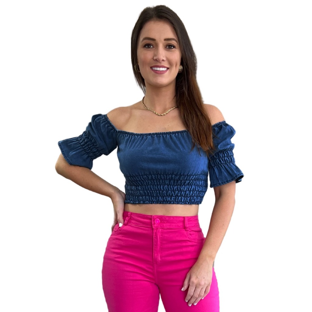 Blusa Jeans Cropped Corpete Feminina Bufante Ciganinha Lycra