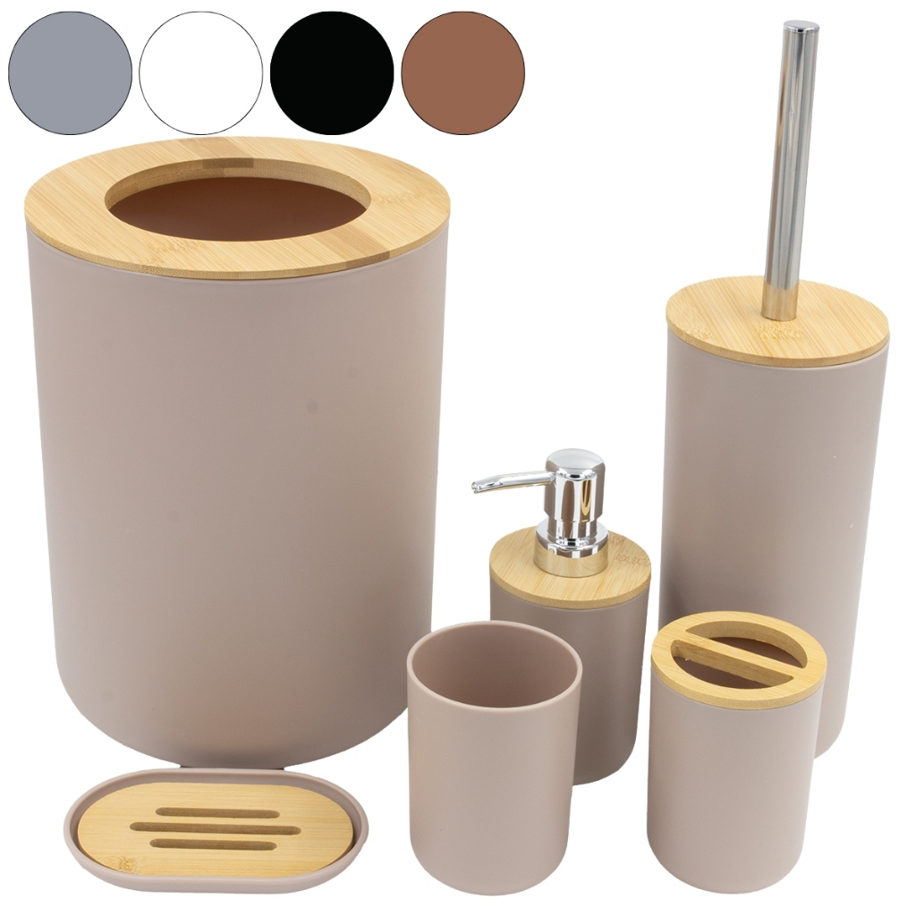 Kit Banheiro Bambu 6 peças Conjunto Acessórios Lavabo Completo 029 Saboneteira Lixeira Dis...