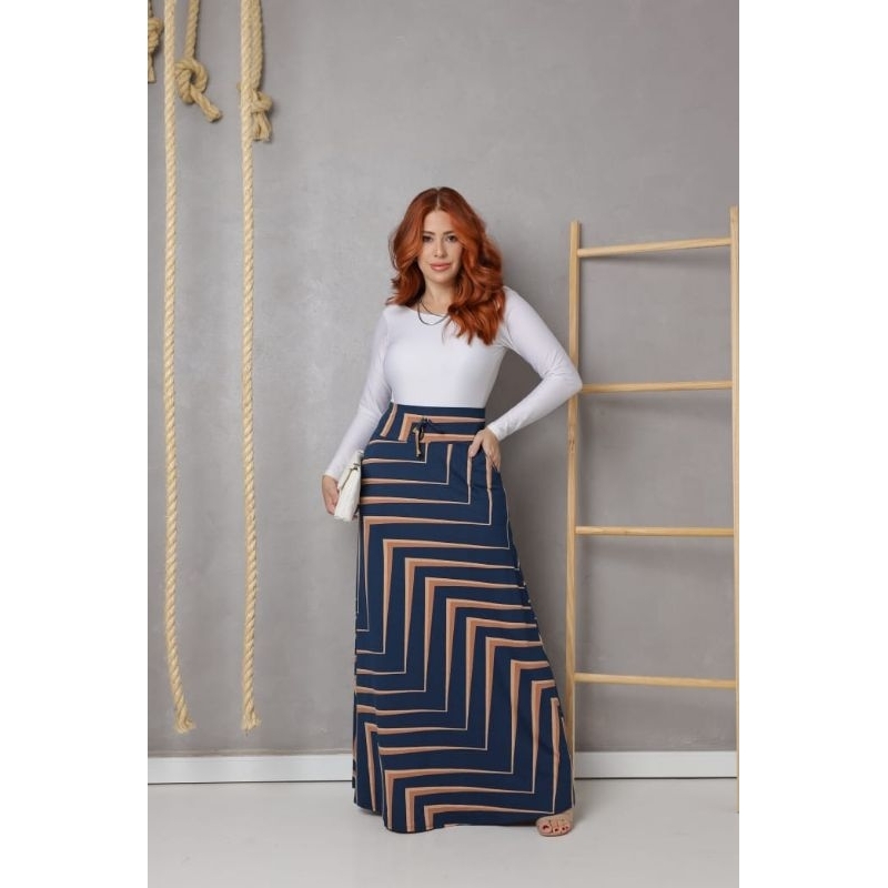 Saia Longa Estampada e Lisa com Bolso Moda Evangélica Casual em Oferta na Shopee