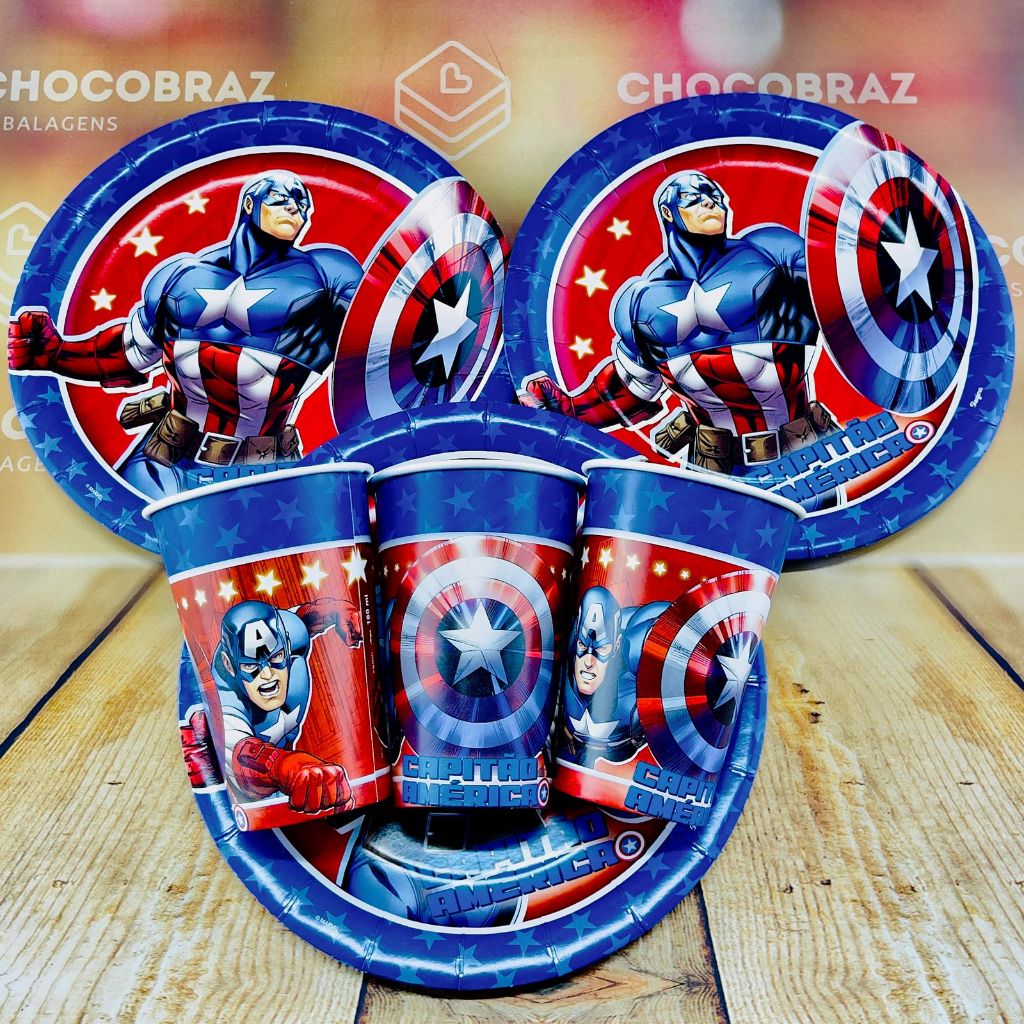 Kit Festa CAPITAO AMERICA 8 Pratos + 8 Copos Descartável 180 Ml Papel - REGINA em Oferta na Shopee