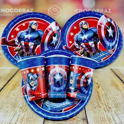 Kit Festa CAPITAO AMERICA 8 Pratos + 8 Copos Descartável 180 Ml Papel - REGINA (CHOCO)