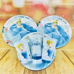 Kit Festa CINDERELA 8 Pratos + 8 Copos Descartável 180 Ml Papel - REGINA(CHOCO)