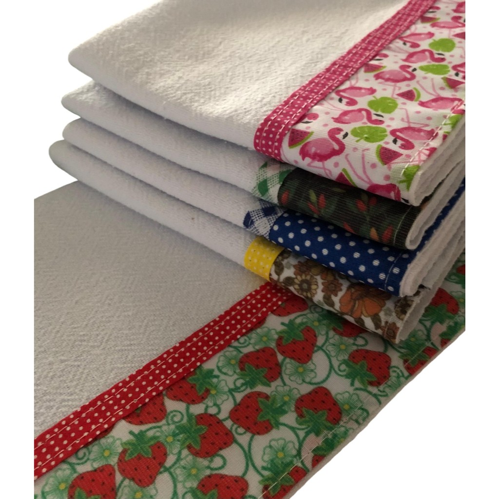 Panos de Prato com Barrado de Tecido Kit com 5 Premium Estampados com Viés Colorido