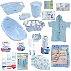 Kit Banheira C/ Enxoval de Bebê + Mamadeira + Lixeira + Chupeta + Prendedor + Cesto roupas + Kit Higiene + Toalha