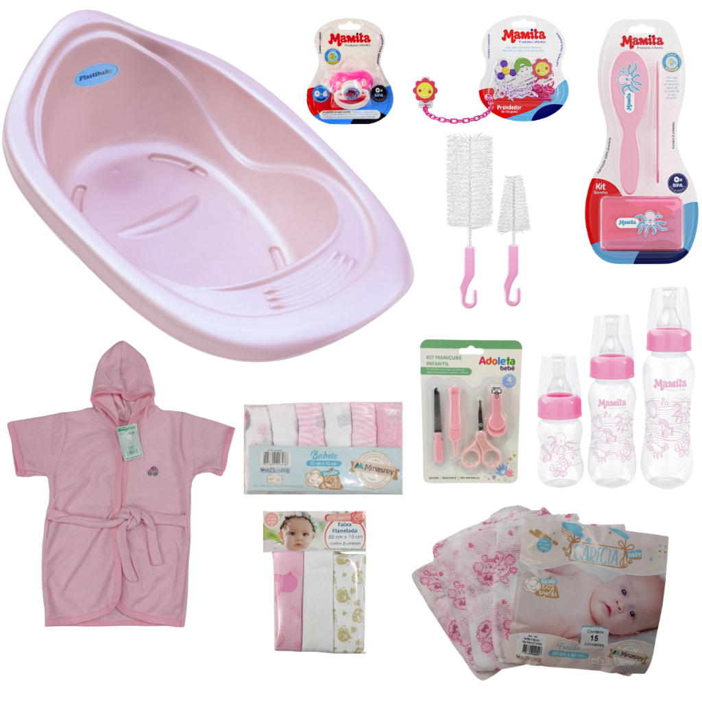 Kit Banheira 22L com Enxoval de Bebê + Mamadeira +  Chupeta +  Prendedor + Itens de Higiene Infantil