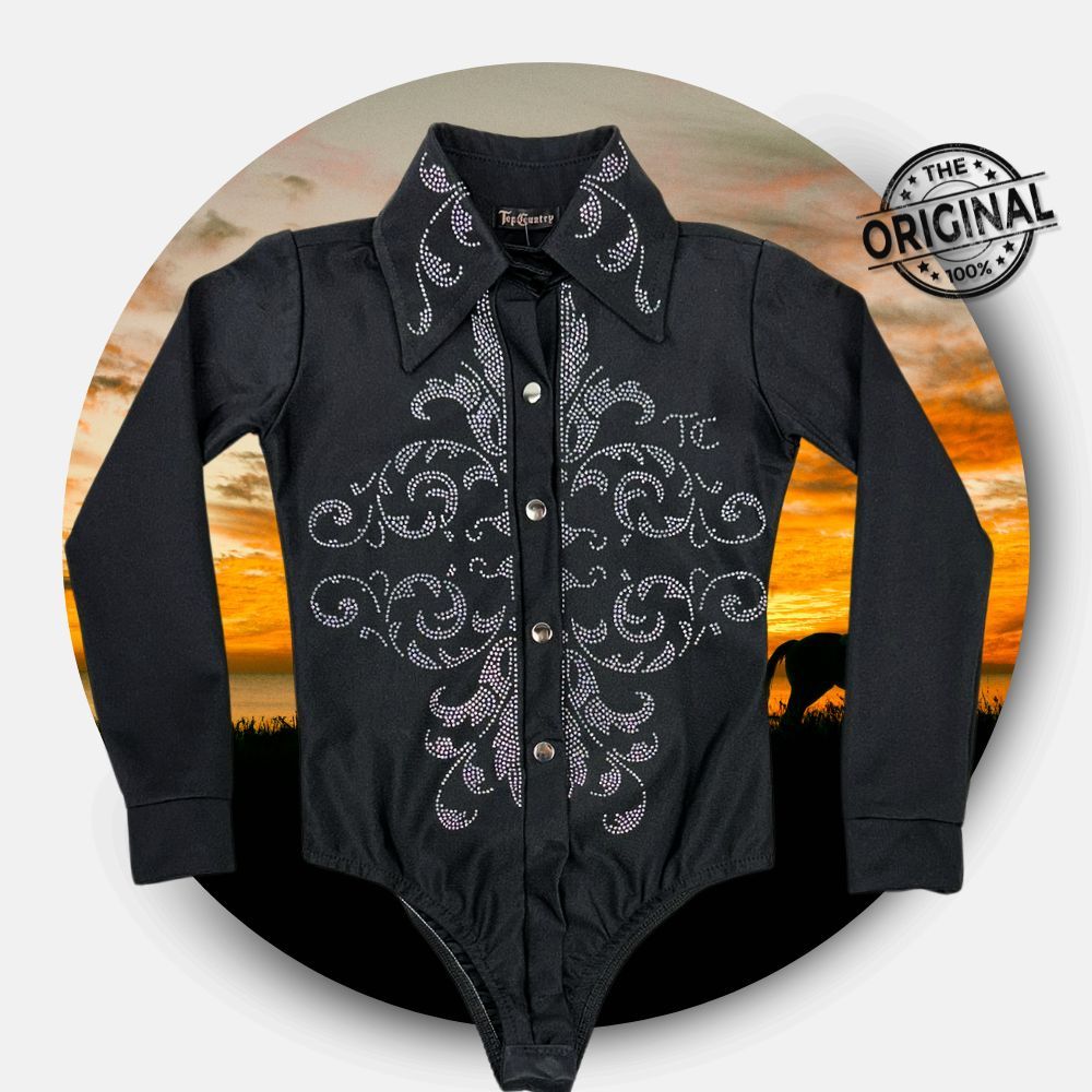 Body Infantil Menina Top Country Preto Manga Longa Bordado Com Pedras De Strass