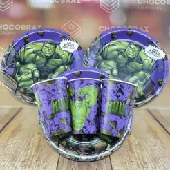 Kit Festa HULK 8 Pratos + 8 Copos Descartável 180 Ml Papel - REGINA (CHOCO)