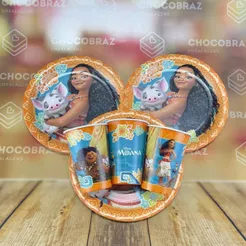 Kit Festa MOANA 8 Pratos + 8 Copos Descartável 180 Ml Papel - REGINA (CHOCO)