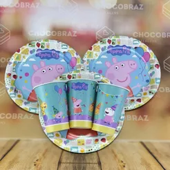 Kit Festa PEPPA PIG 8 Pratos + 8 Copos Descartável 180 Ml Papel - REGINA (CHOCO)