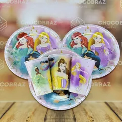 Kit Festa PRINCESAS DISNEY 8 Pratos + 8 Copos Descartável 180 Ml Papel - REGINA (CHOCO)